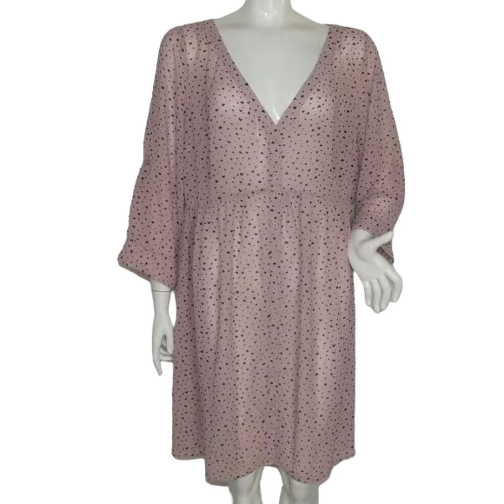 TORRID Shirt-Dress, 2/2X, Pink, Black Hearts, 3/4 Tab Sleeve, Semi-sheer, V-neck